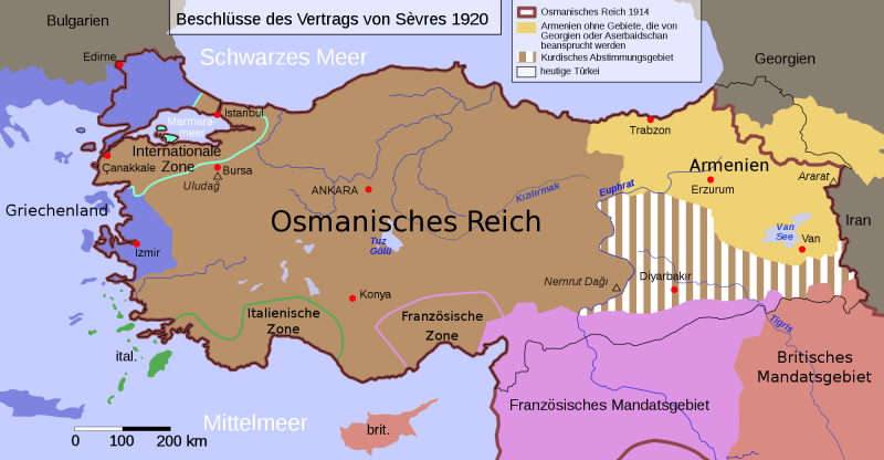 Die Beschlüsse des Vertrags von Sèvres mit Interessensgebieten der Entente und Gebietsabtretungen